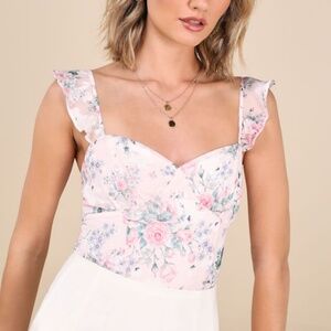 Lulus Niella Blush Floral Ruffled Bodysuit Pink - Size S